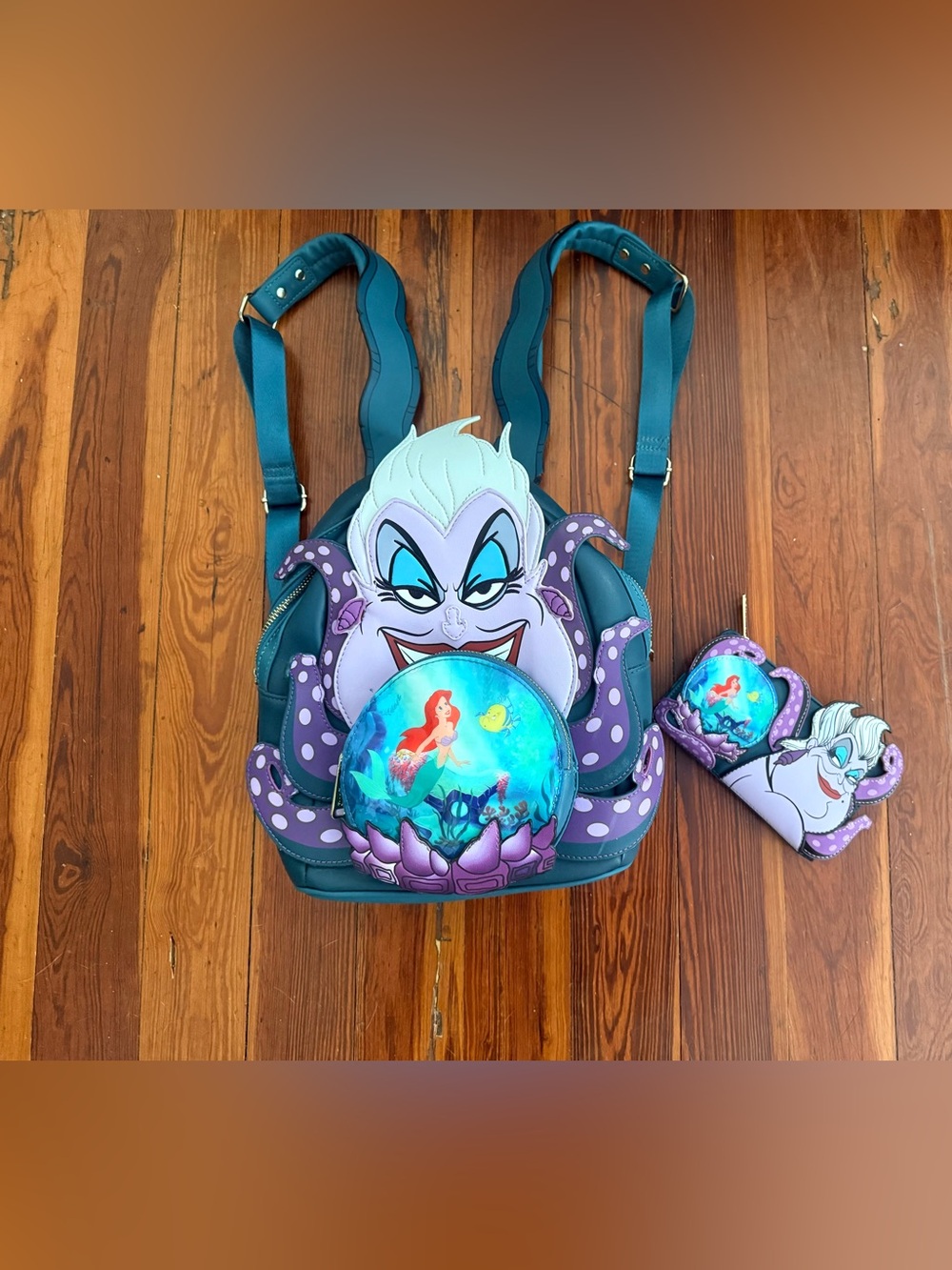 Ursula Purple/Teal Loungefly mini Backpack with matching Ariel Snow Globe wallet